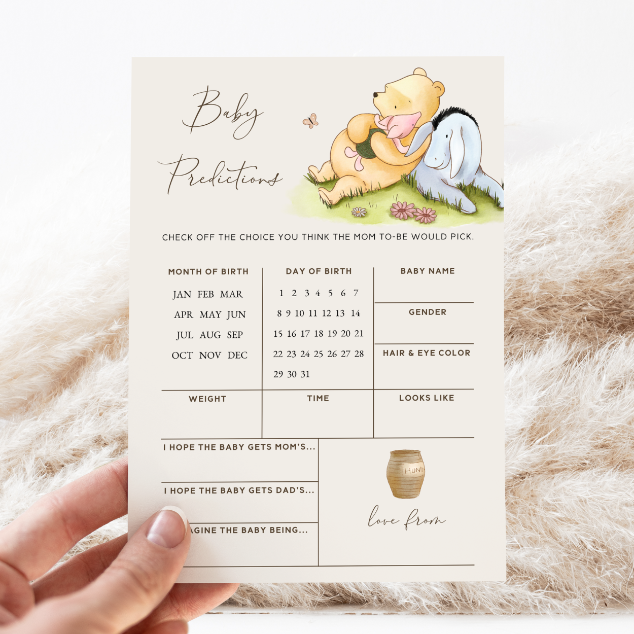 wishes for baby game
winnie the pooh game
game baby shower
pooh printables
classic pooh print
parental advice game
vintage pooh shower
pooh baby shower
editable template
predictions games
baby prediction game
predictions card
couples baby shower