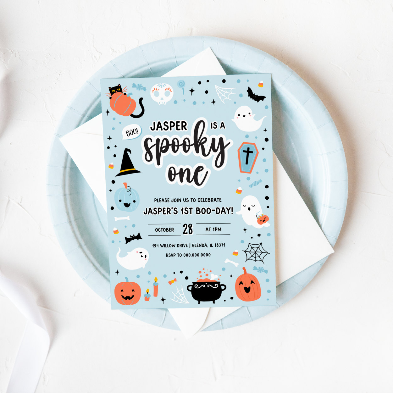 Blue Ghost Halloween 1st Birthday Invitation