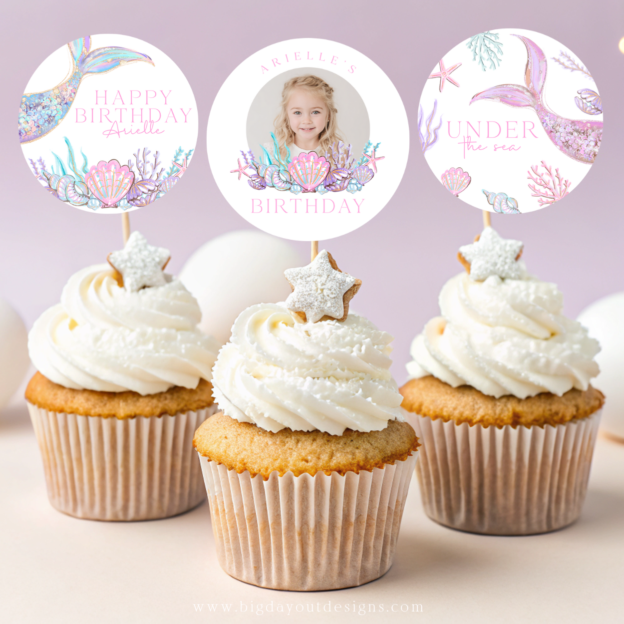 Editable mermaid tail cupcake topper printable with photo