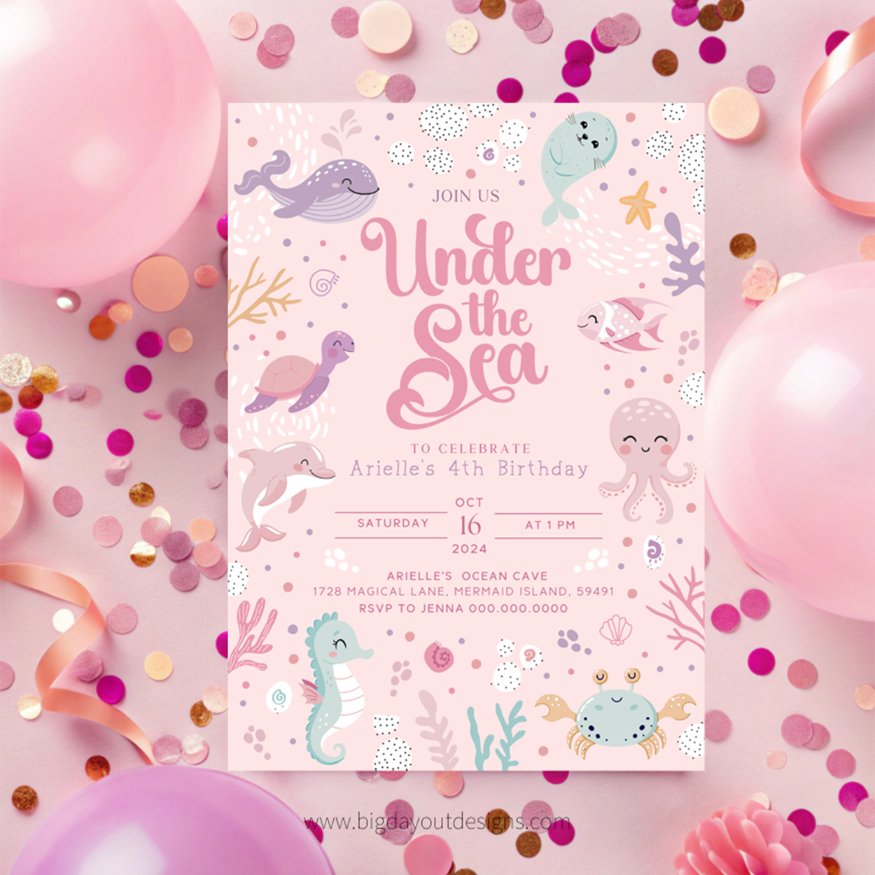Under the sea birthday party invitation with sea creatures on a pink background