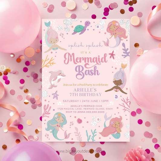 Mermaid-themed birthday party invitation with balloons and confetti on a pink background