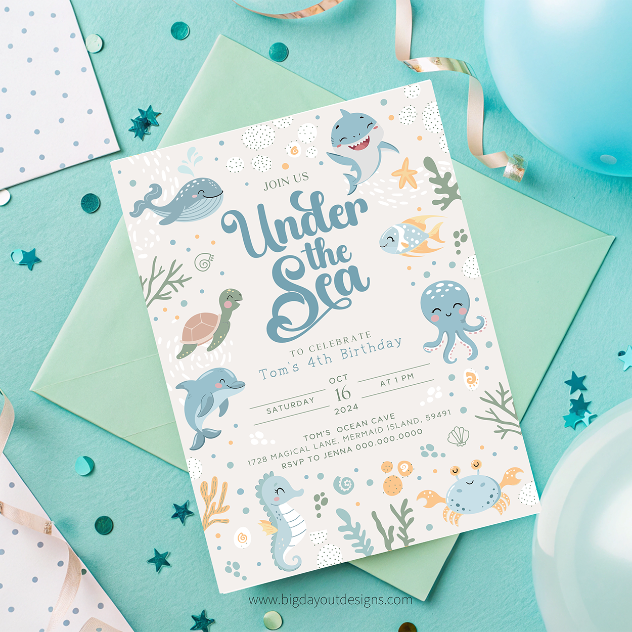 Under the Sea birthday party invitation with sea creature illustrations on a teal background.