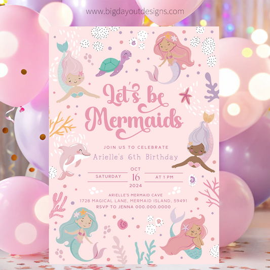 Mermaid-themed birthday invitation with balloons in the background