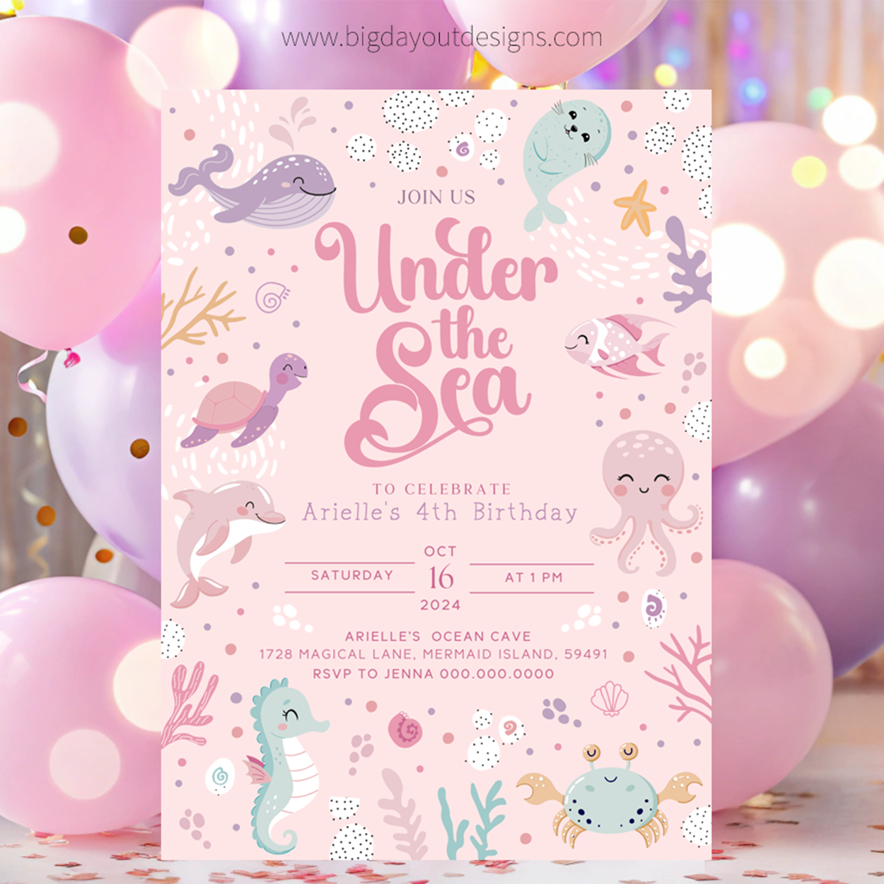 Under the Sea birthday party invitation with sea-themed graphics and balloons in the background.