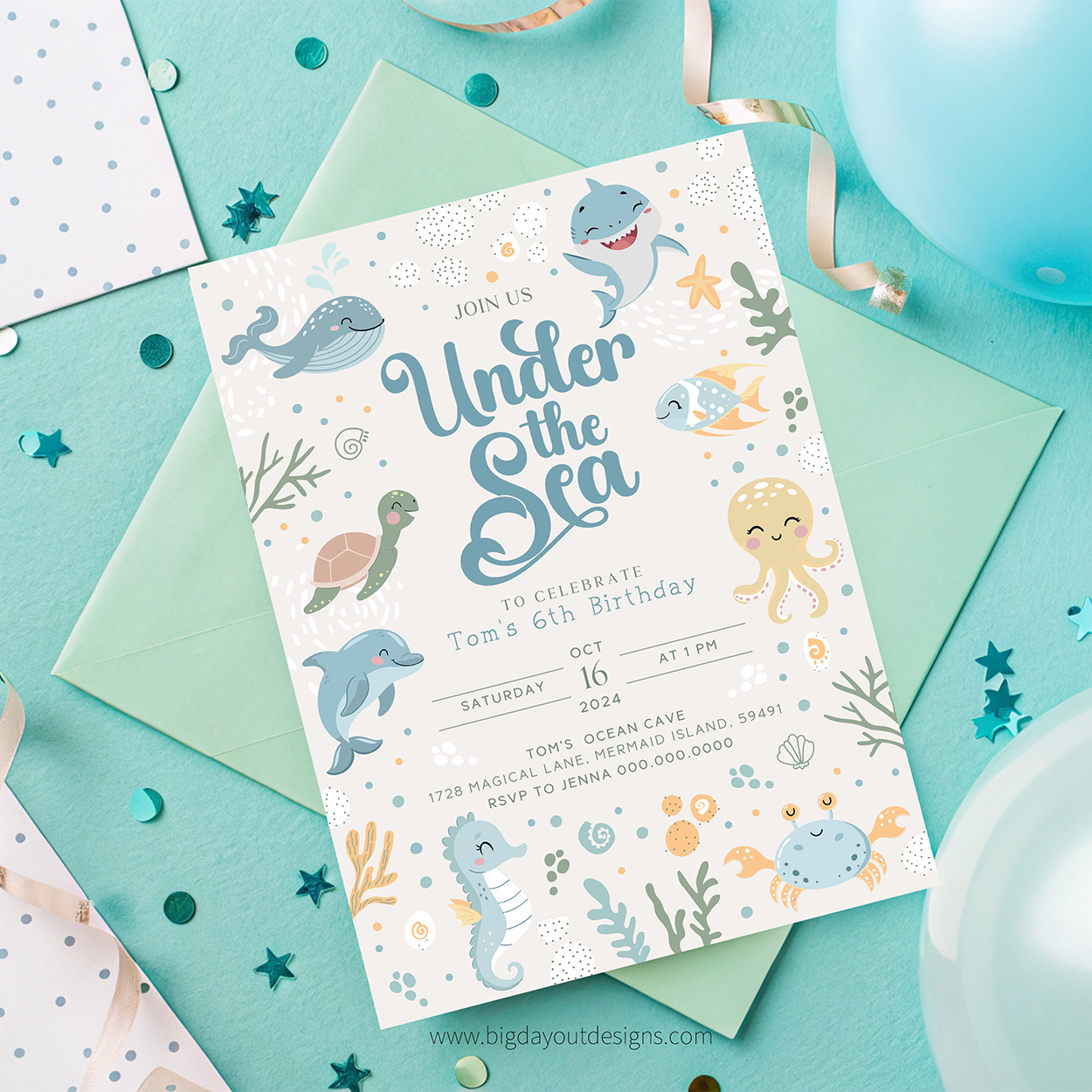 Under the Sea birthday party invitation on a colorful background with sea creature illustrations.