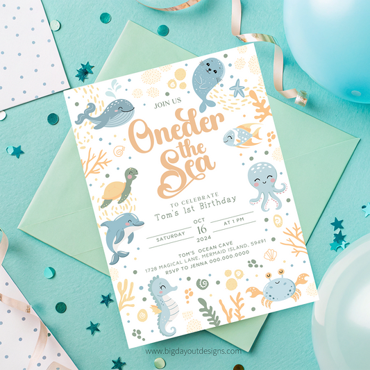 Underwater-themed birthday invitation with sea creatures on a teal background