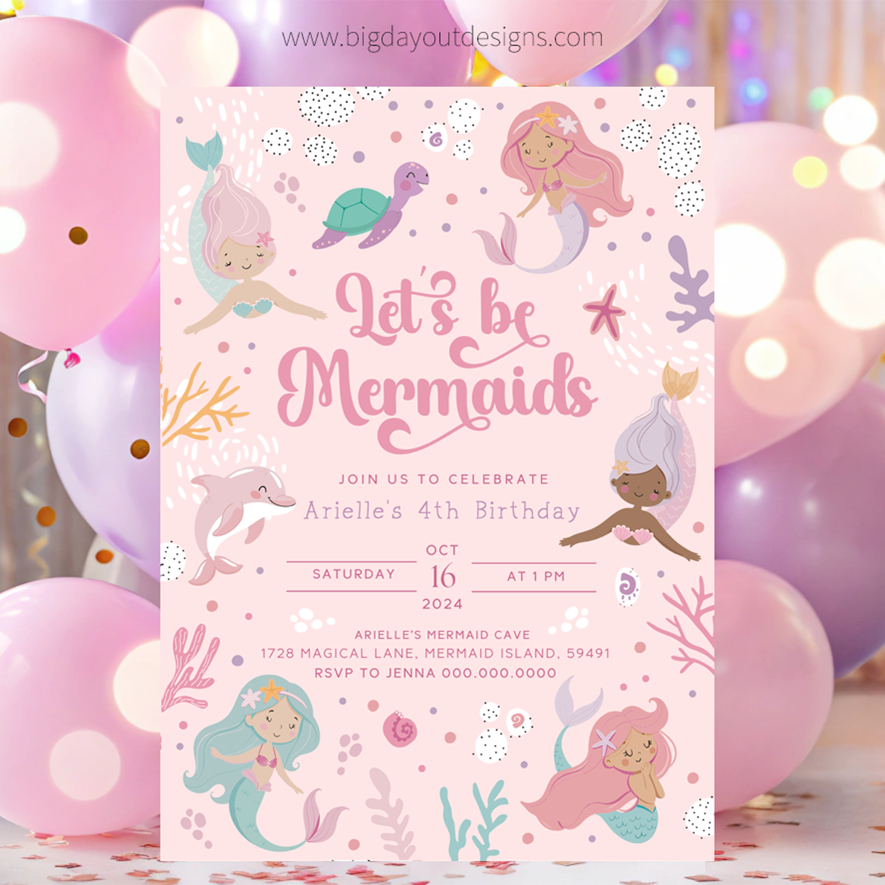 Mermaid-themed birthday invitation with colorful balloons in the background