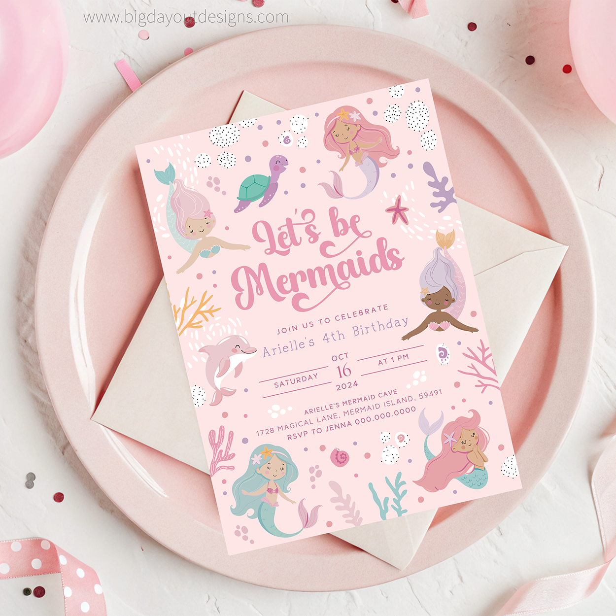 Mermaid-themed birthday invitation card on a pink plate with an envelope.