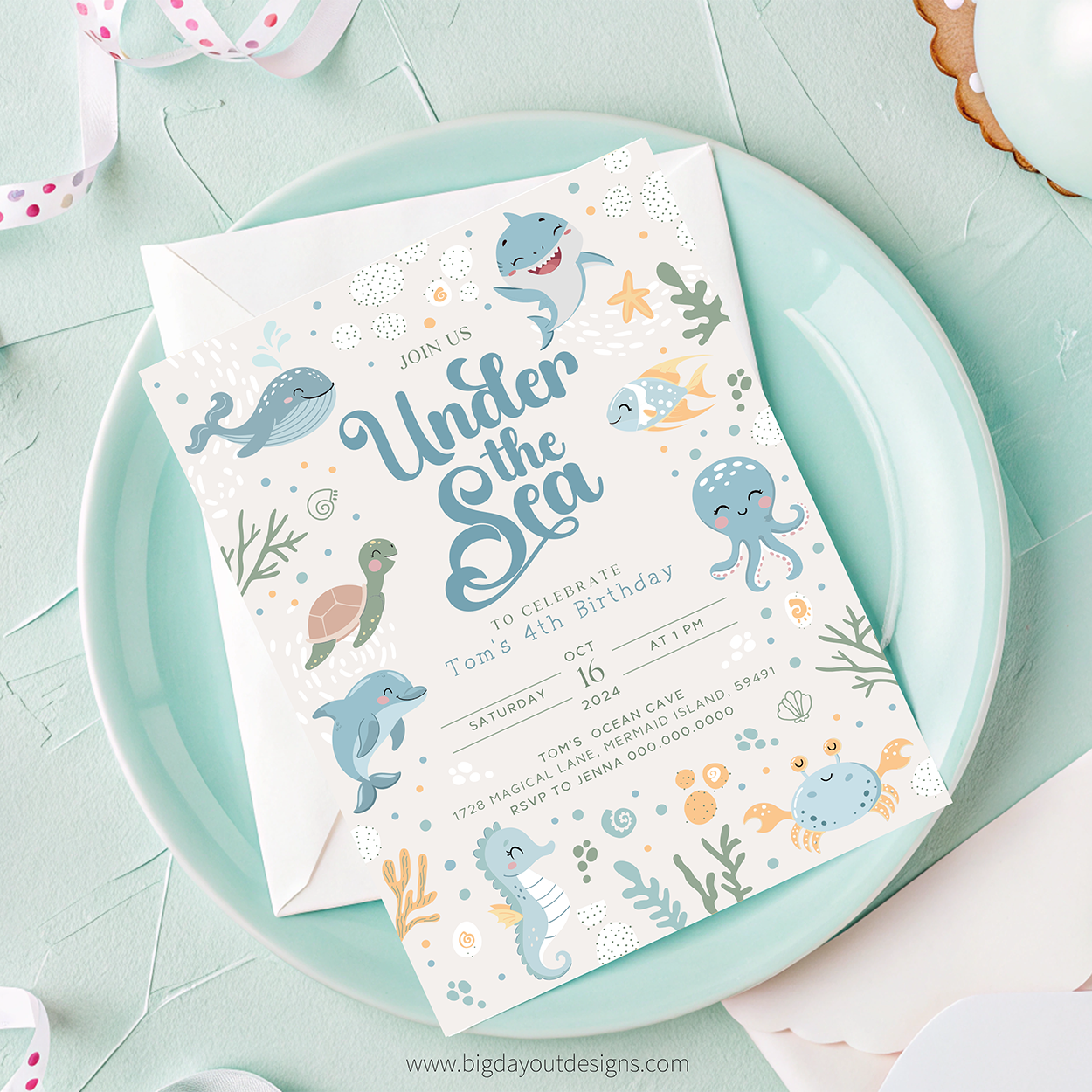 Under the Sea birthday party invitation on a light blue plate with ocean-themed illustrations.