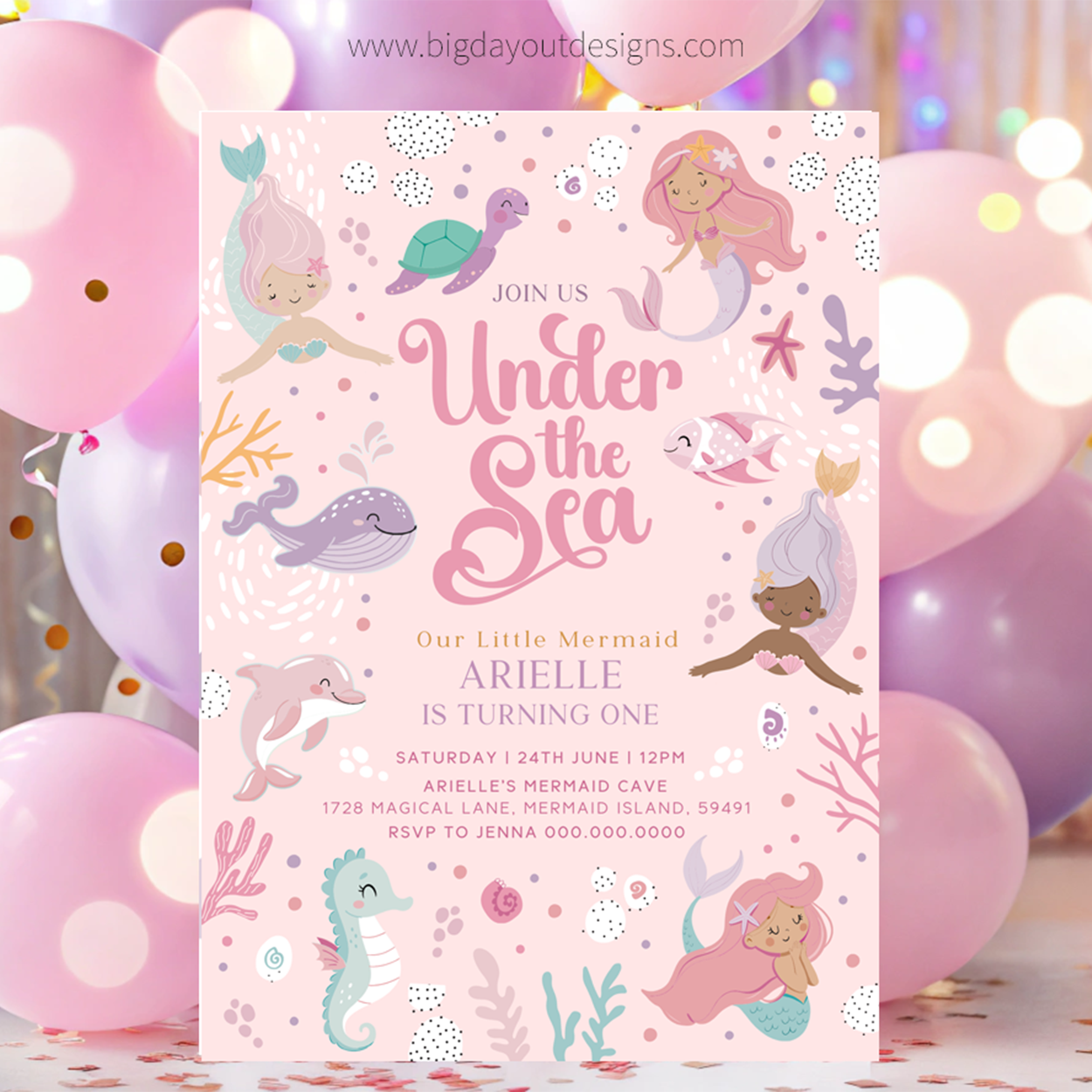 Invitation card for a 'Under the Sea' themed birthday party with mermaid illustrations and balloons in the background.