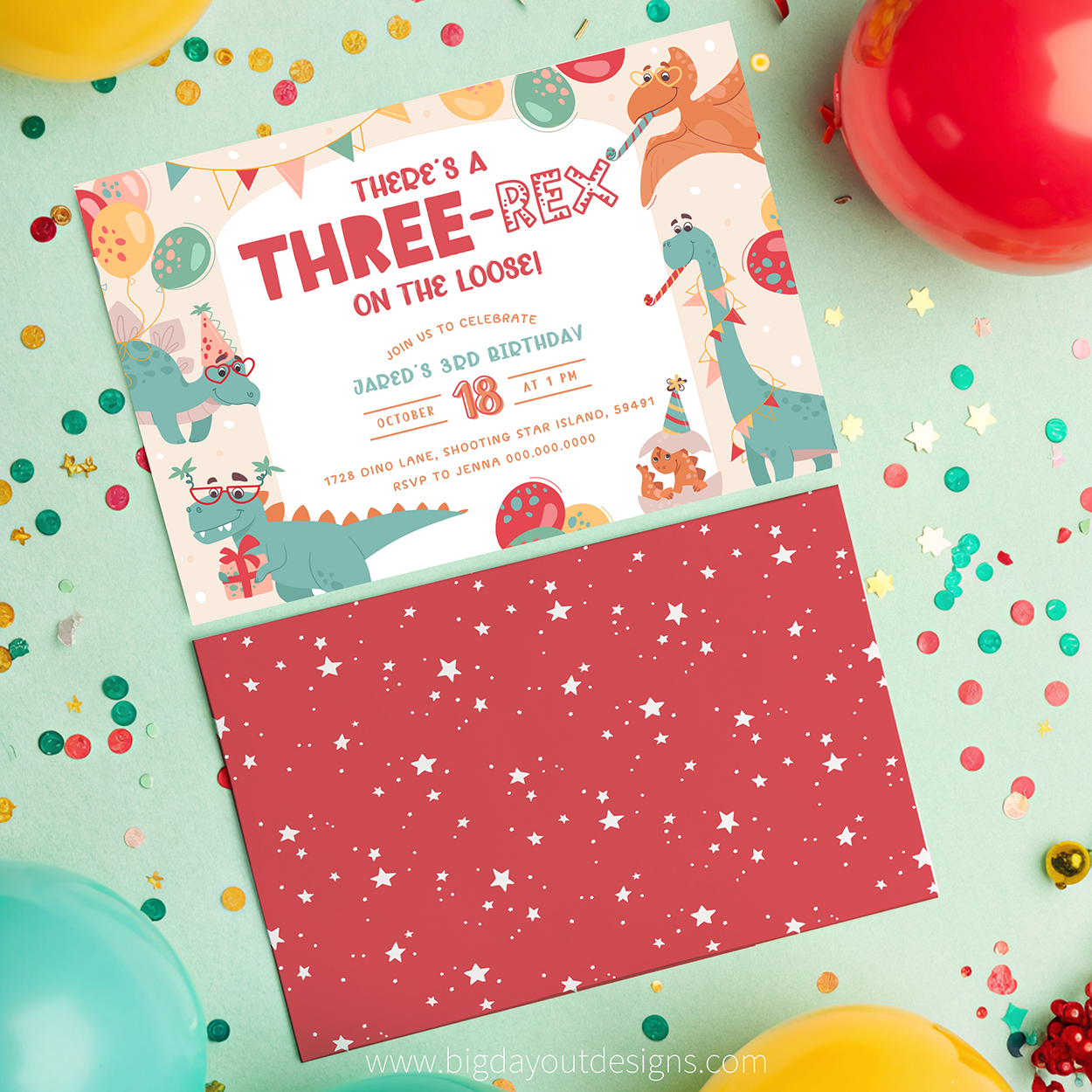 Children's birthday party invitation with a red paper on a colorful background