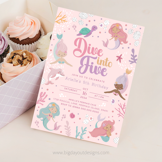 Mermaid 5th Birthday Invitation