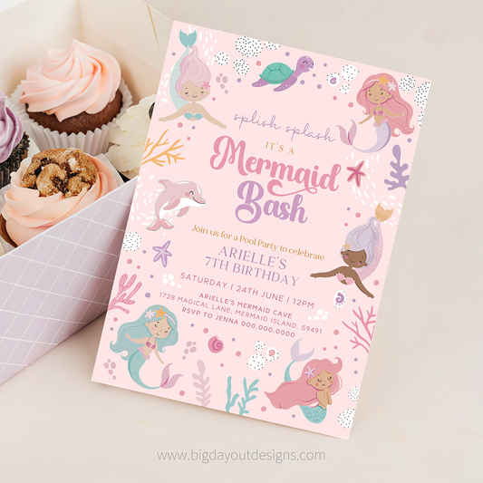Mermaid-themed birthday party invitation with cupcakes on a light background