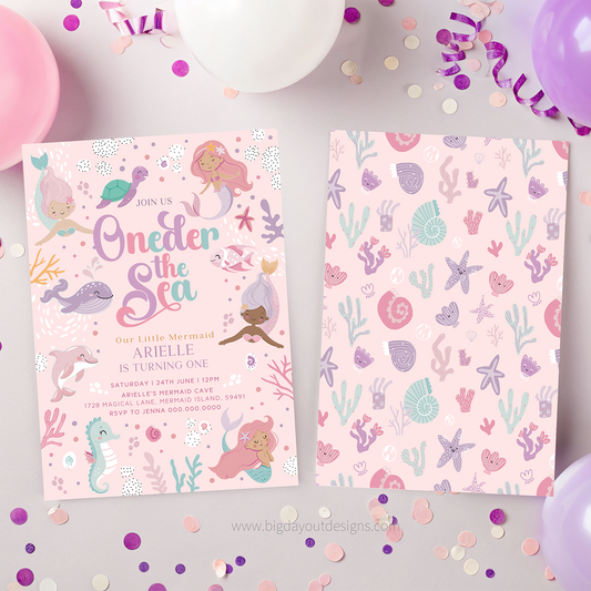 Mermaid-themed birthday invitation card with ocean-themed pattern on a confetti-covered surface.