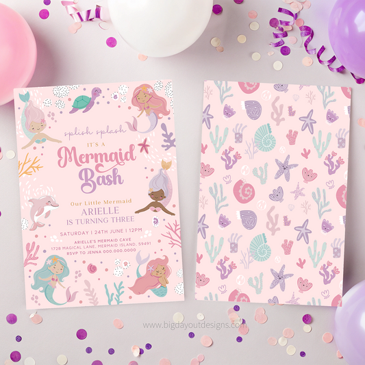 Mermaid-themed birthday invitation card with undersea design on a colorful background