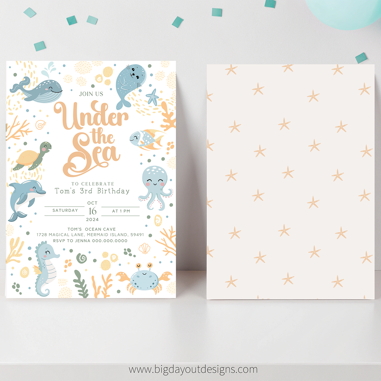 Under the Sea birthday invitation with ocean-themed graphics on a white background