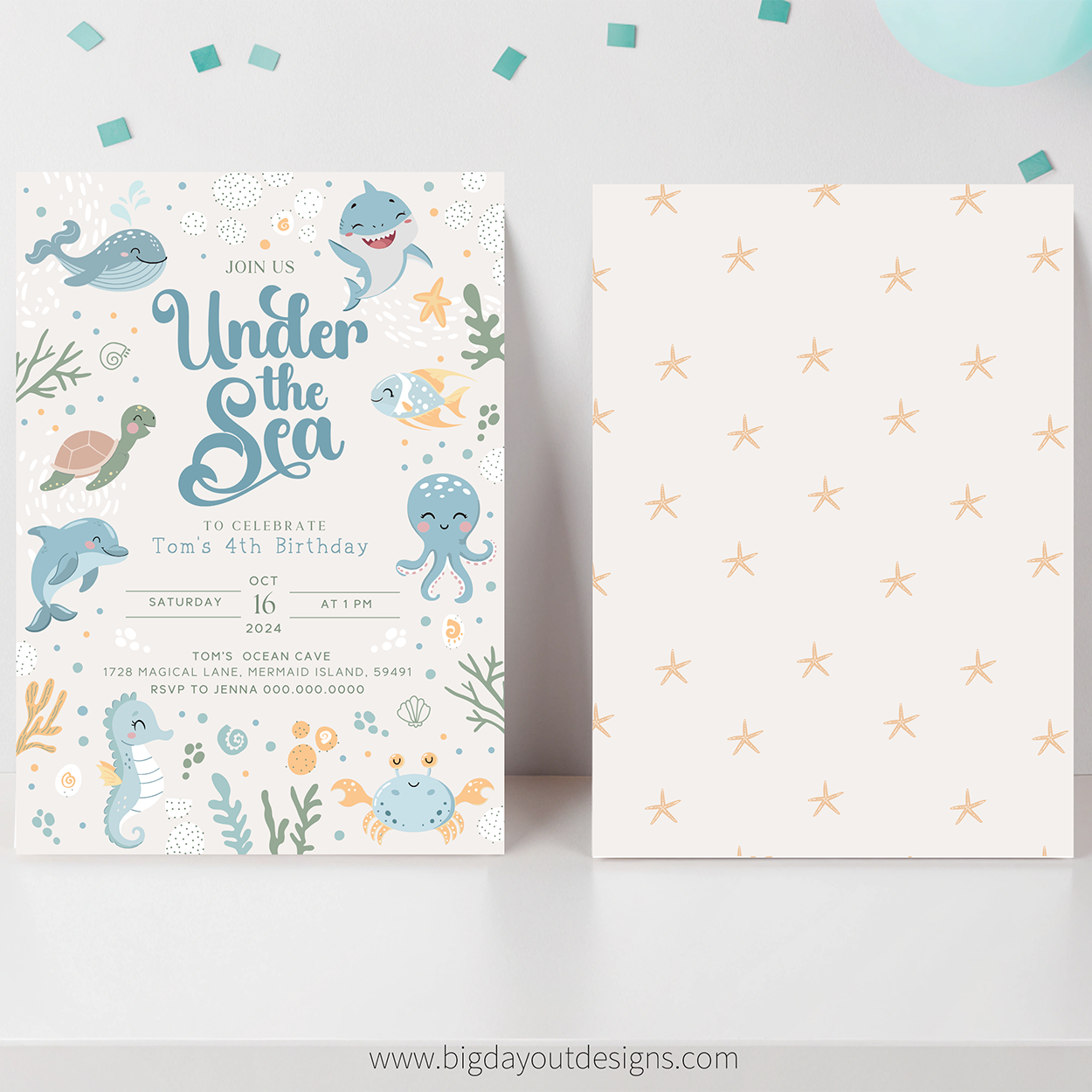 Under the Sea birthday invitation with ocean-themed graphics on a white background