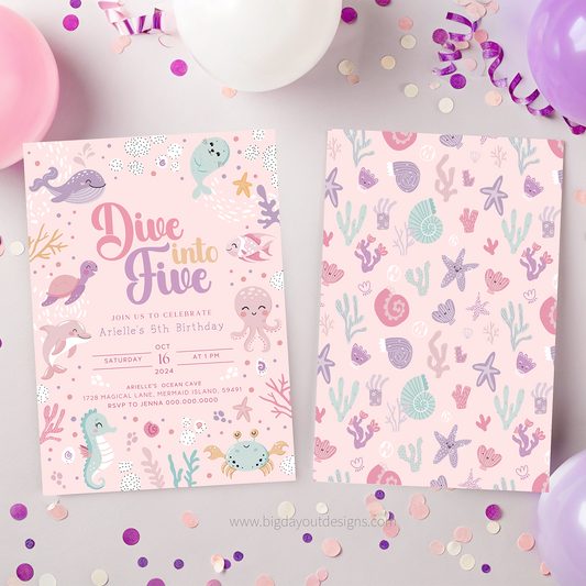 Underwater-themed birthday invitation with sea creature illustrations on a pink background, surrounded by confetti and balloons.