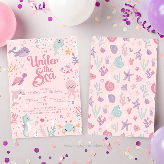 Under the Sea birthday invitation card with ocean-themed decorations on a colorful confetti background.