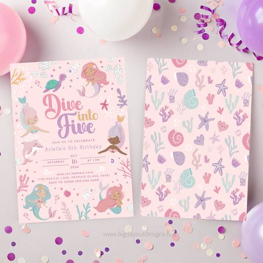 Mermaid 5th Birthday Invitation