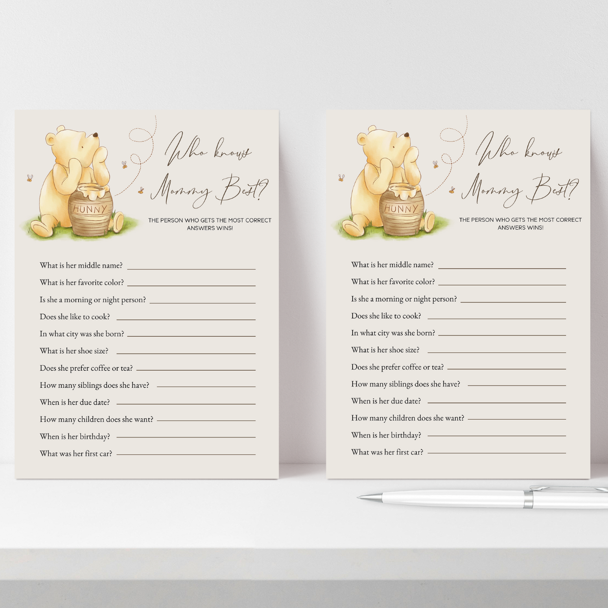 winnie the pooh game
game baby shower
pooh printables
classic pooh print
vintage pooh shower
pooh baby shower
editable template
who knows mommy
who know mommy best
who knows mom game
guessing shower game
guess who game
mom guessing game
