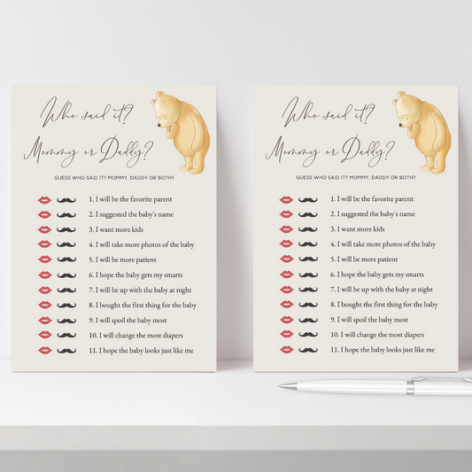 winnie the pooh game
game baby shower
pooh printables
classic pooh print
vintage pooh shower
pooh baby shower
editable template
couples baby shower
coed baby shower
guess who mom dad
mom or dad baby game
who said it game
guess who said it