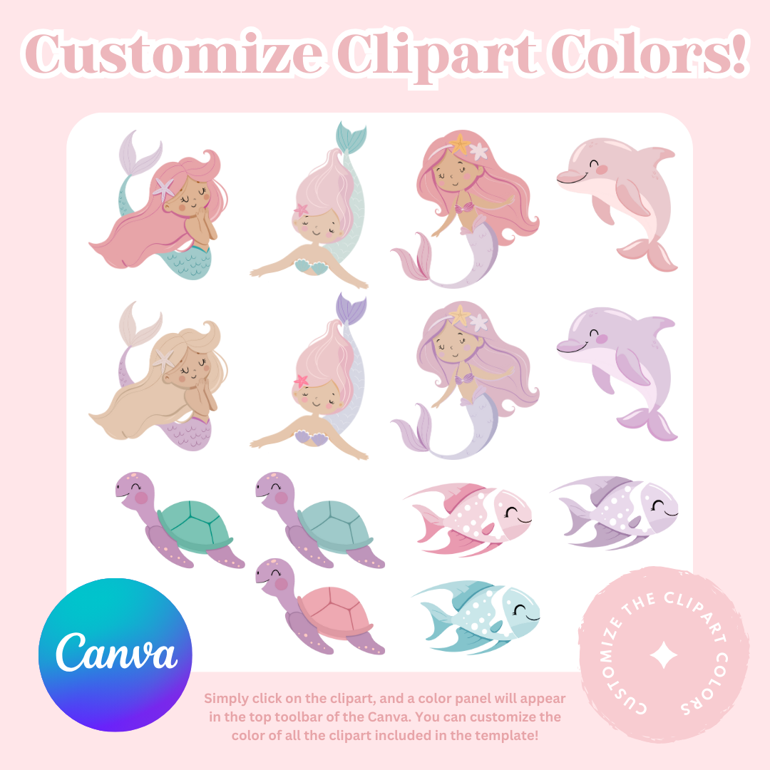 Set of customizable clipart characters including mermaids, dolphins, and turtles on a pink background with Canva branding.