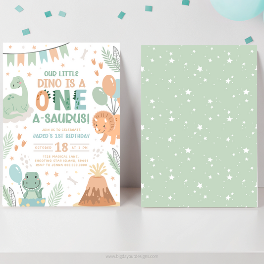Birthday invitation card with dinosaur theme and star-patterned paper on a white surface.