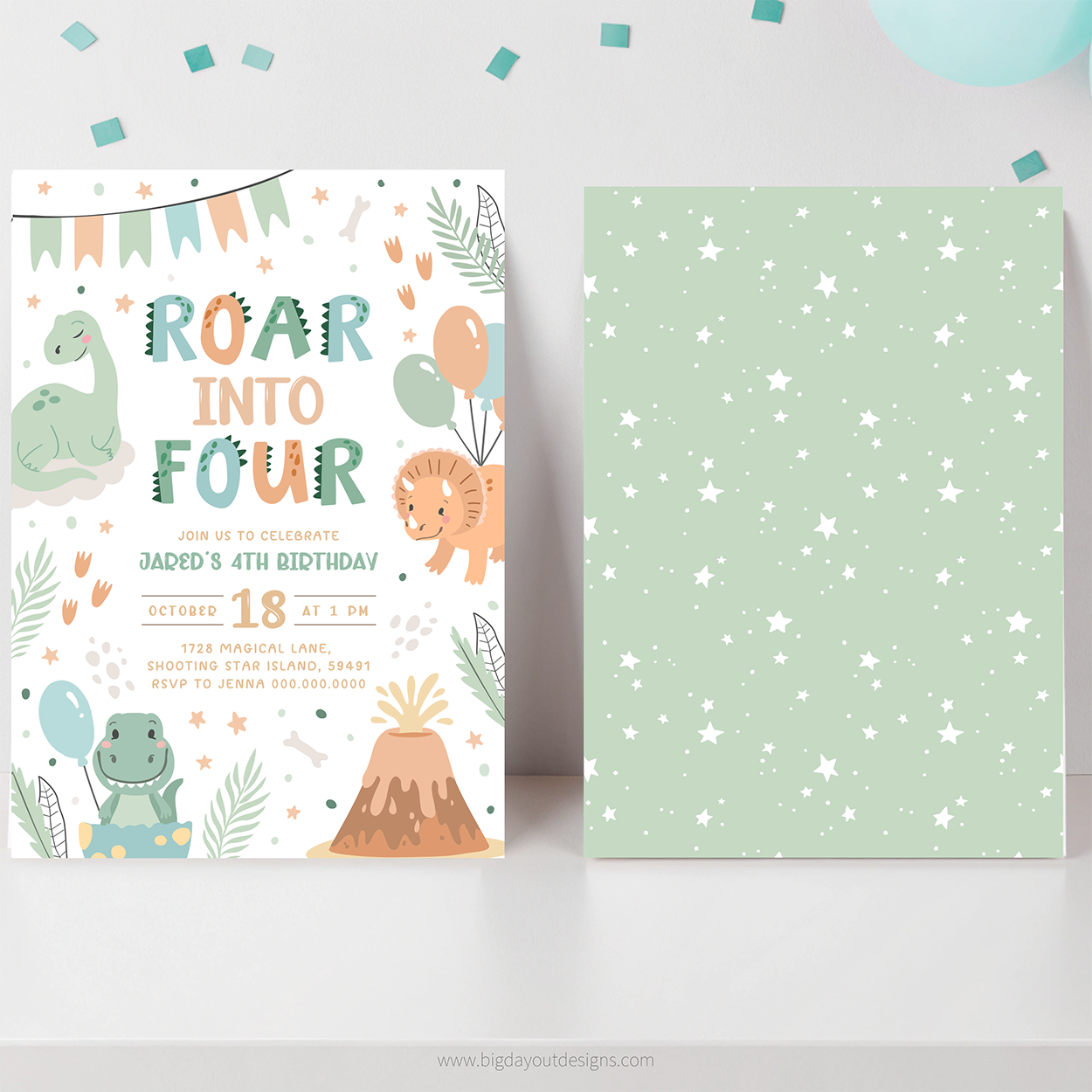 Children's birthday invitation card with dinosaur theme and a green notepad with star pattern.