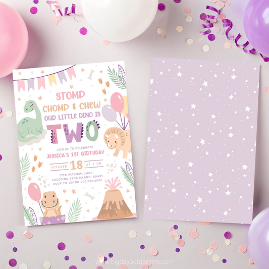 Children's birthday invitation with dinosaur theme on a purple background with star pattern