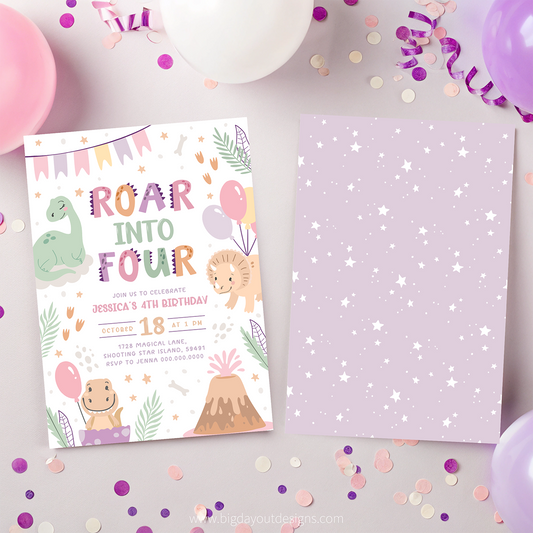 Children's birthday invitation with dinosaur graphics on a purple background with star pattern