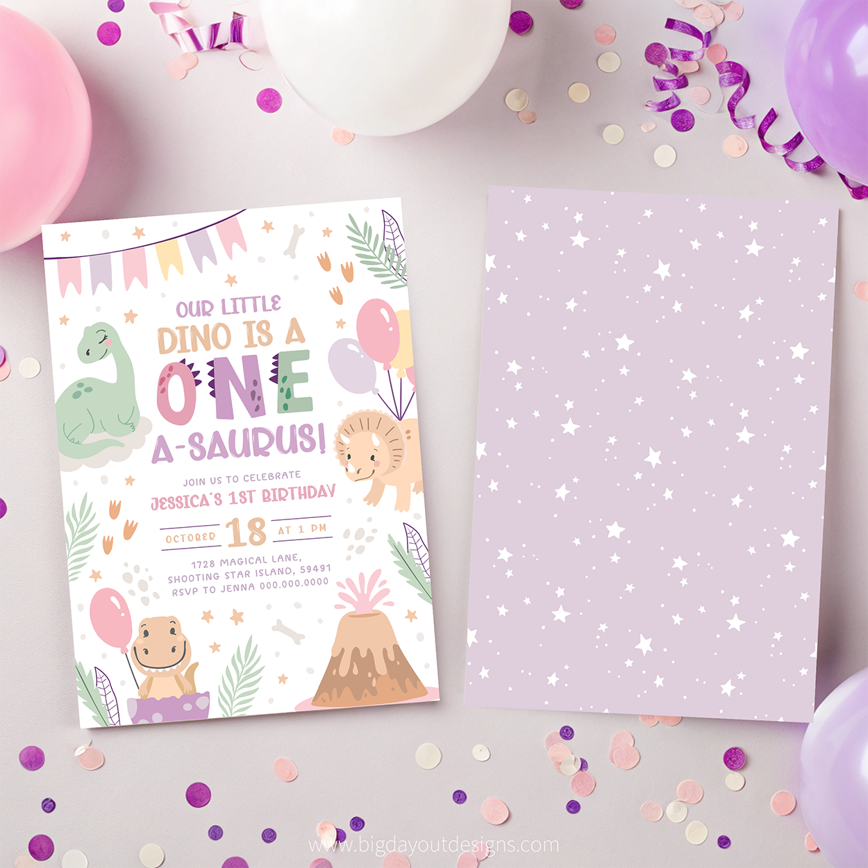 Children's birthday invitation card with dinosaur theme on a colorful background