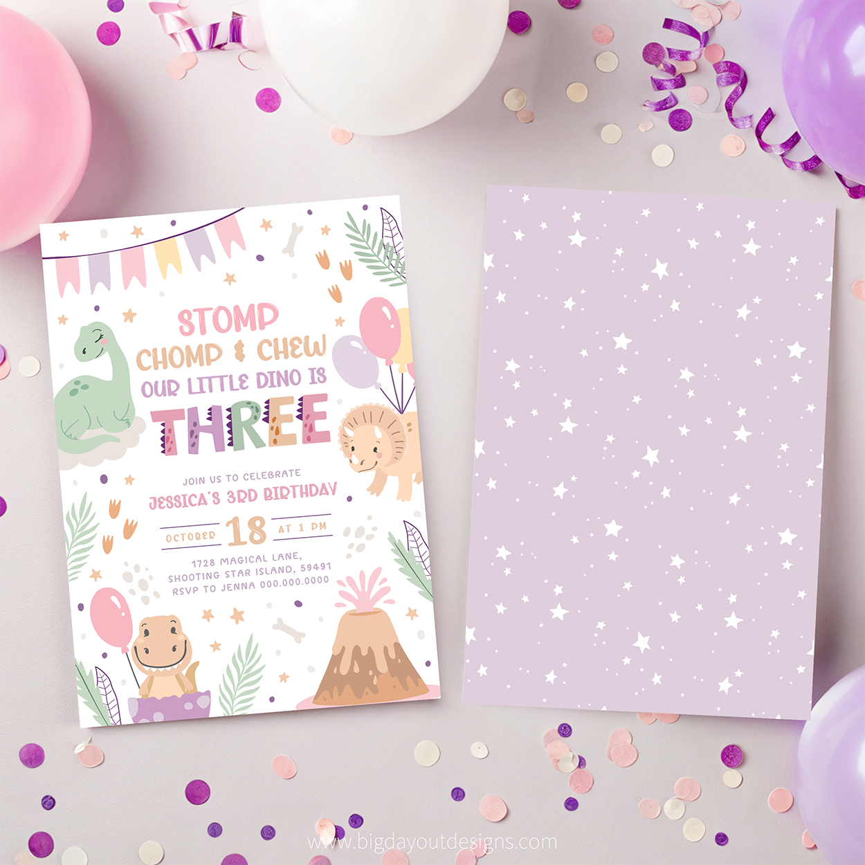 Children's birthday invitation with dinosaur theme surrounded by confetti and balloons.