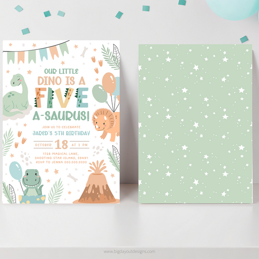 Children's birthday invitation card with dinosaur theme and a green paper with star pattern.