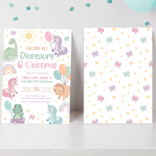 Invitation card with dinosaurs and unicorns on a white background