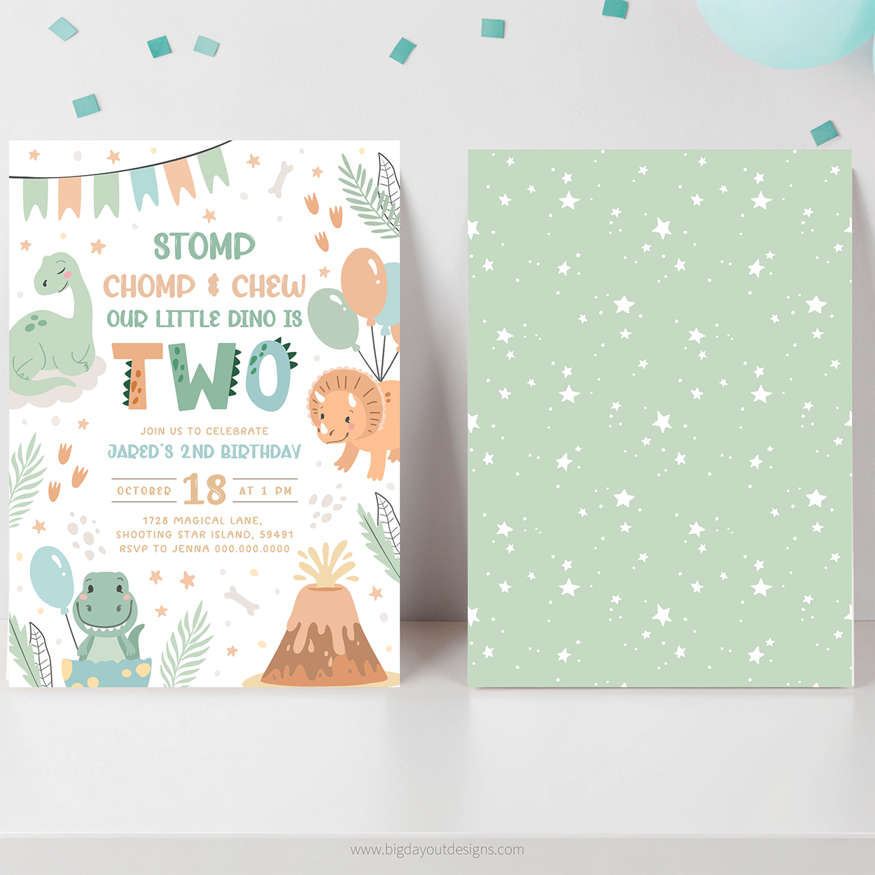 Children's birthday invitation with dinosaur and lion design on a white surface.