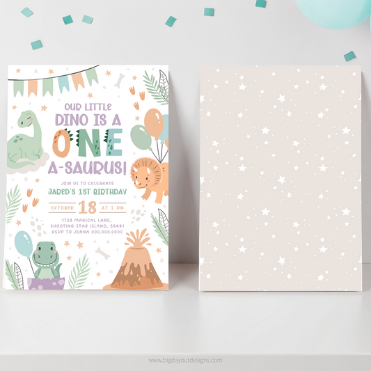 Dinosaur-themed birthday invitation card on a white surface with confetti.
