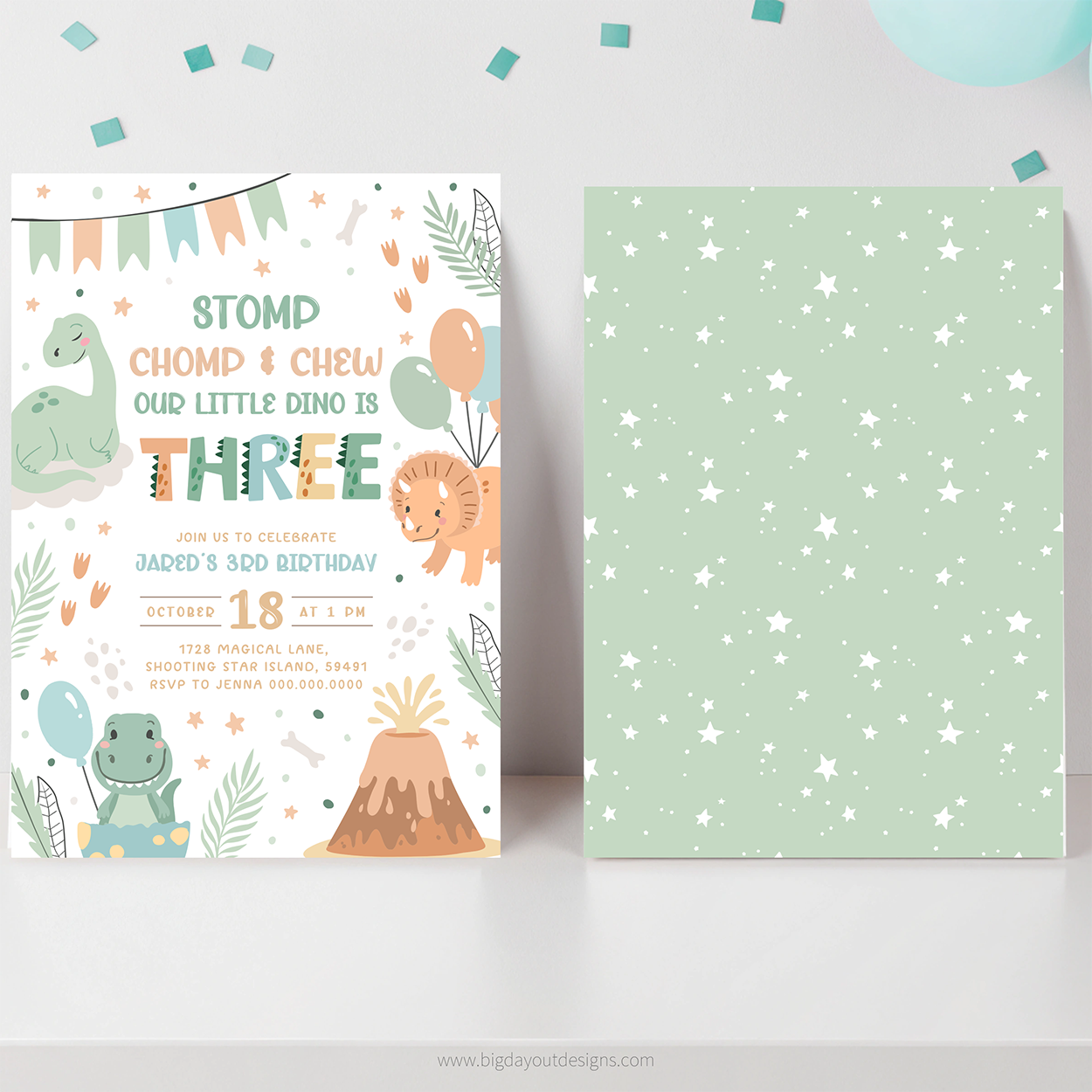 Children's birthday invitation card with dinosaur theme and a green paper with star pattern.