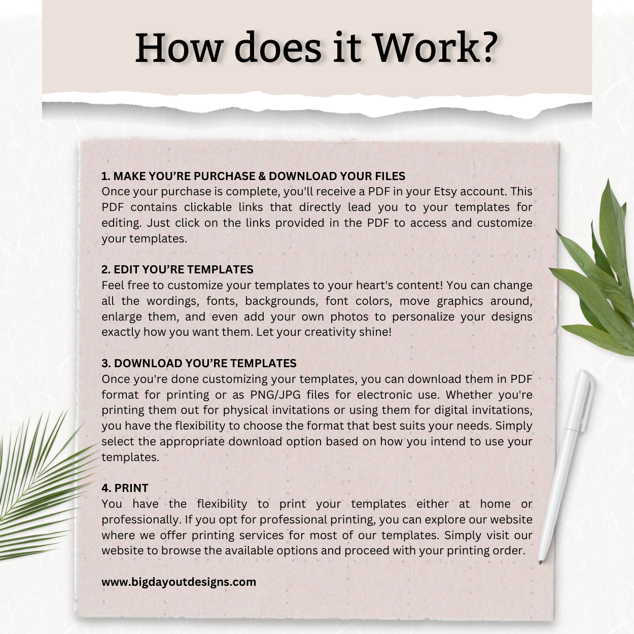 Instructions on how to use templates from Big Day Out Designs with a pink background and green leaves.