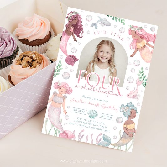 Mermaid-themed birthday invitation with cupcakes on a light background