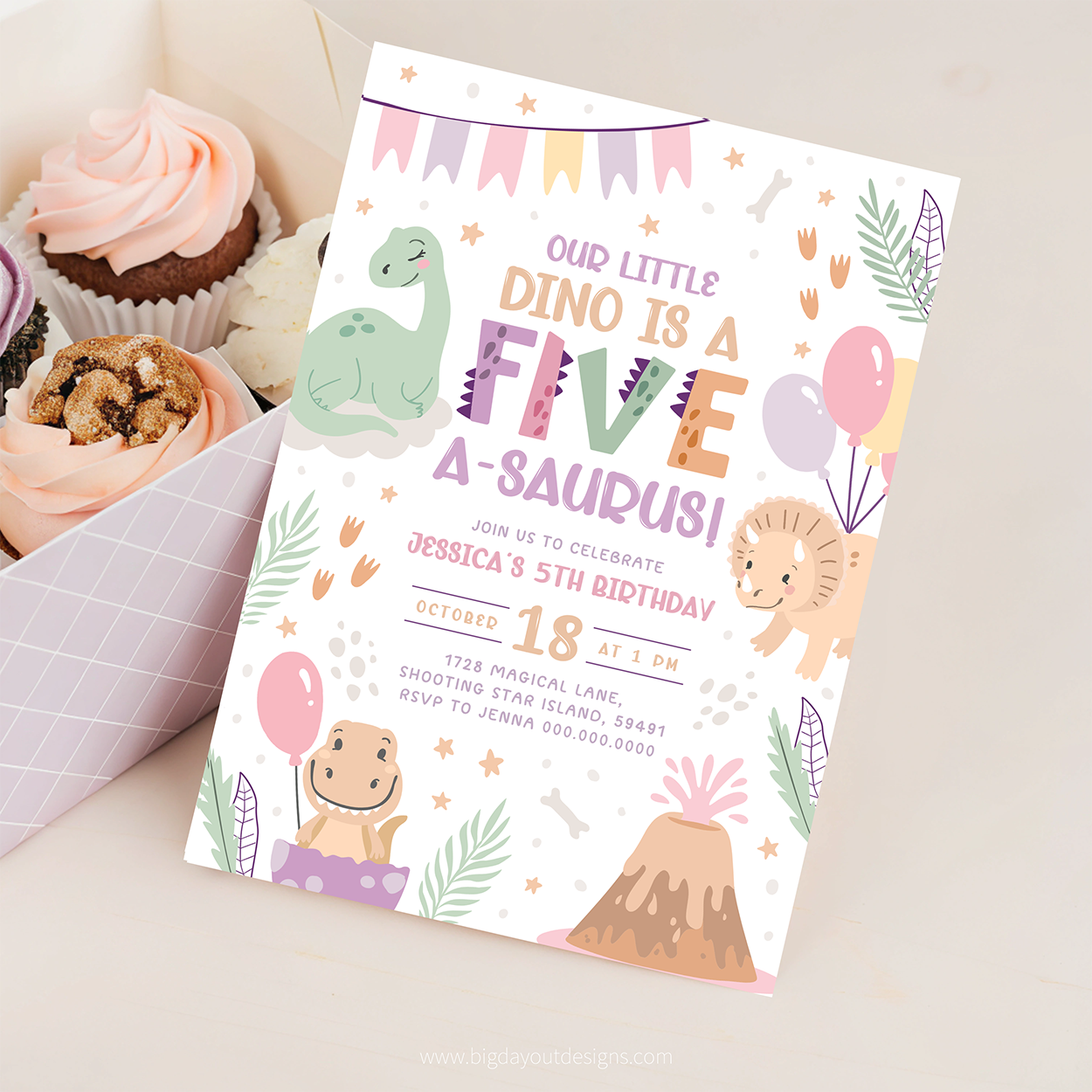 Children's birthday party invitation with dinosaur graphics on a white background