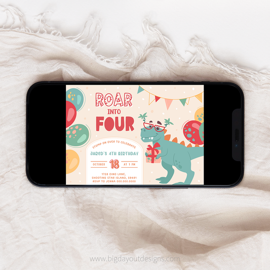 Phone displaying a birthday invitation with a dinosaur design on a textured white surface