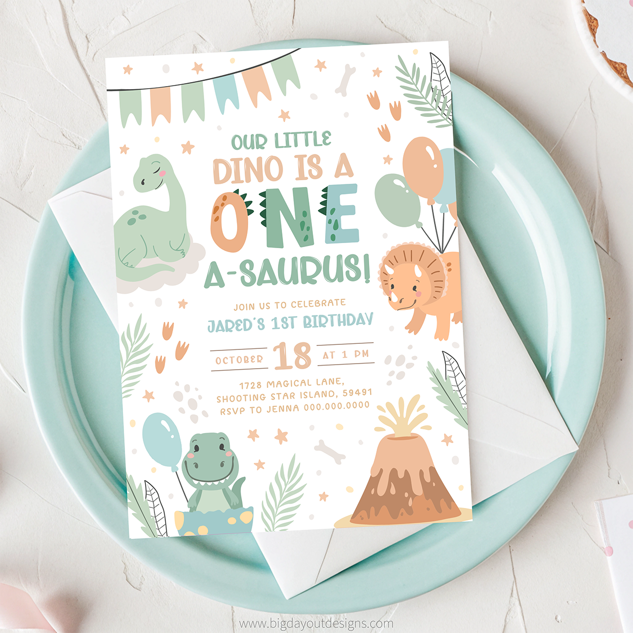 Children's birthday invitation card with dinosaur theme on a light blue plate.
