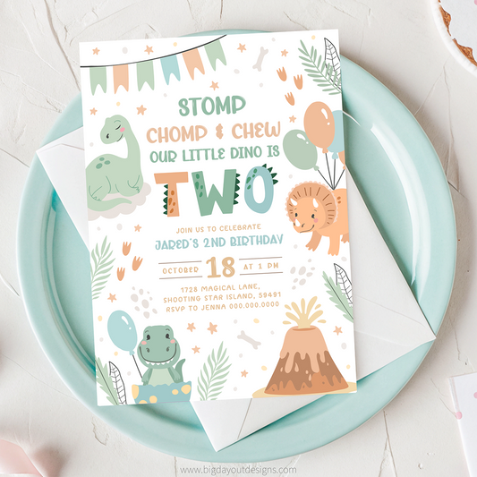 Children's birthday invitation with dinosaur theme on a white plate