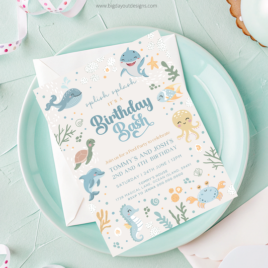 Birthday party invitation with sea creature illustrations on a light blue plate.