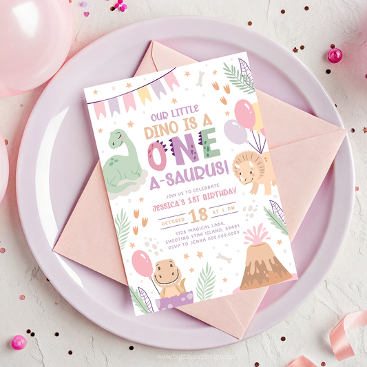 Children's birthday invitation with dinosaur theme on a pink plate