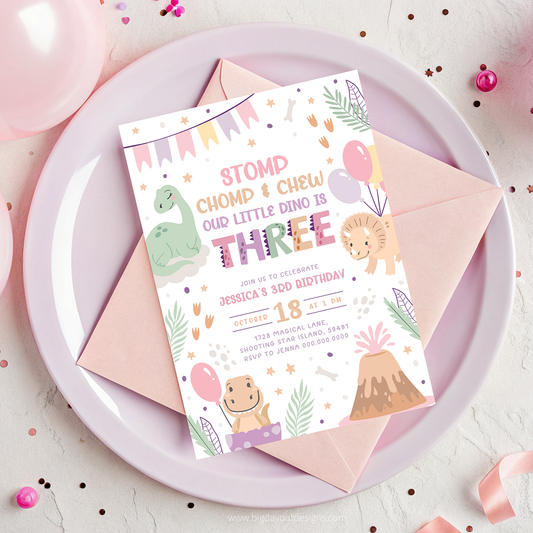 Children's birthday invitation with dinosaur theme on a pink plate