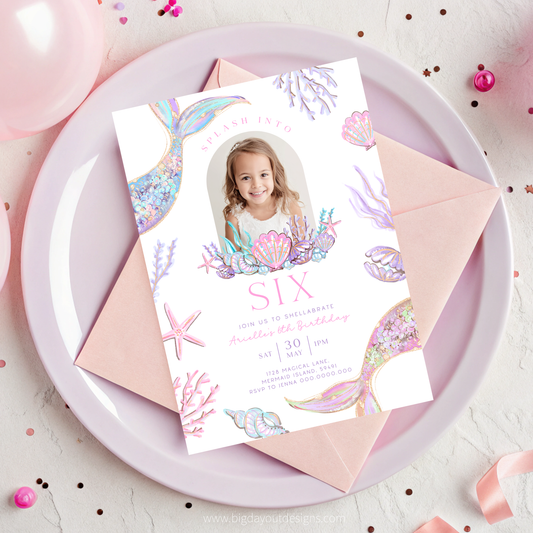 Mermaid-themed birthday invitation card with a photo of a girl on a pink plate.