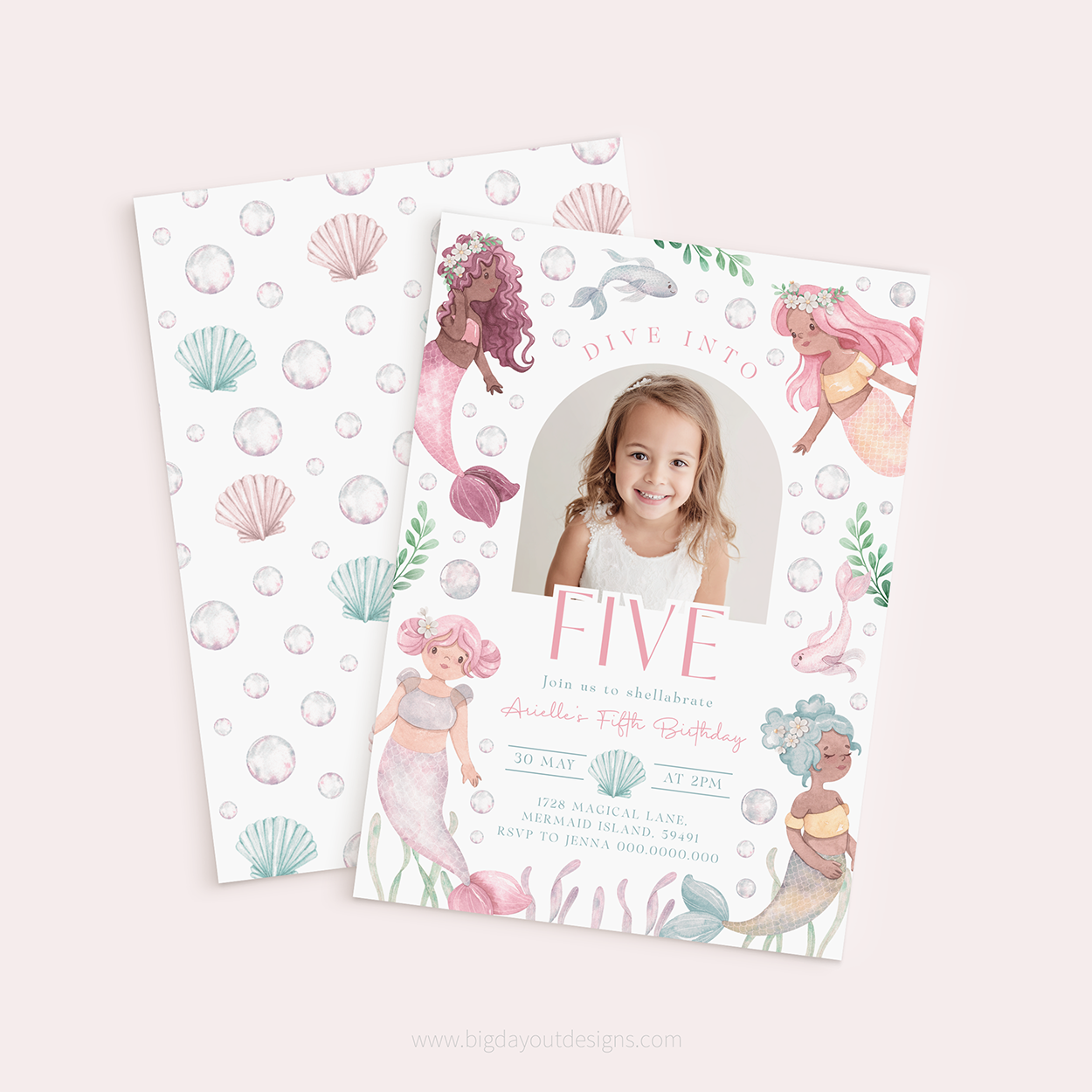Mermaid-themed birthday invitation card with a photo of a girl on a light pink background