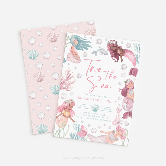 Mermaid-themed birthday invitation with pink shell pattern on a white background
